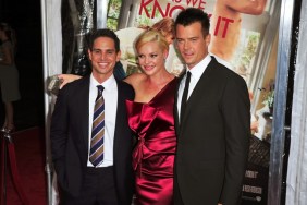 Katherine Heigl, red silk dress, silver clutch, earriings, Josh Duhamel, dark suit